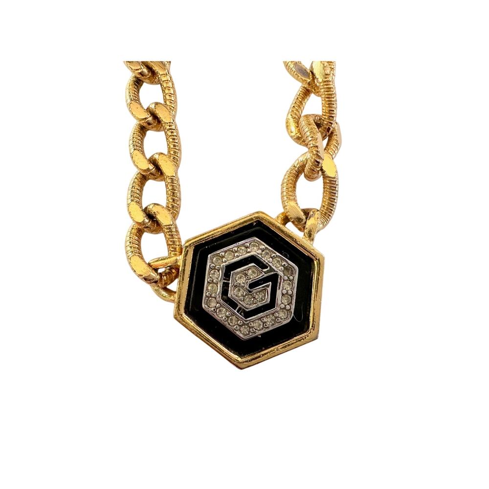 Givenchy Necklace with "G" in Hexagonal Pendant of Black Enamel and Rhinestones - Picture 8 of 15